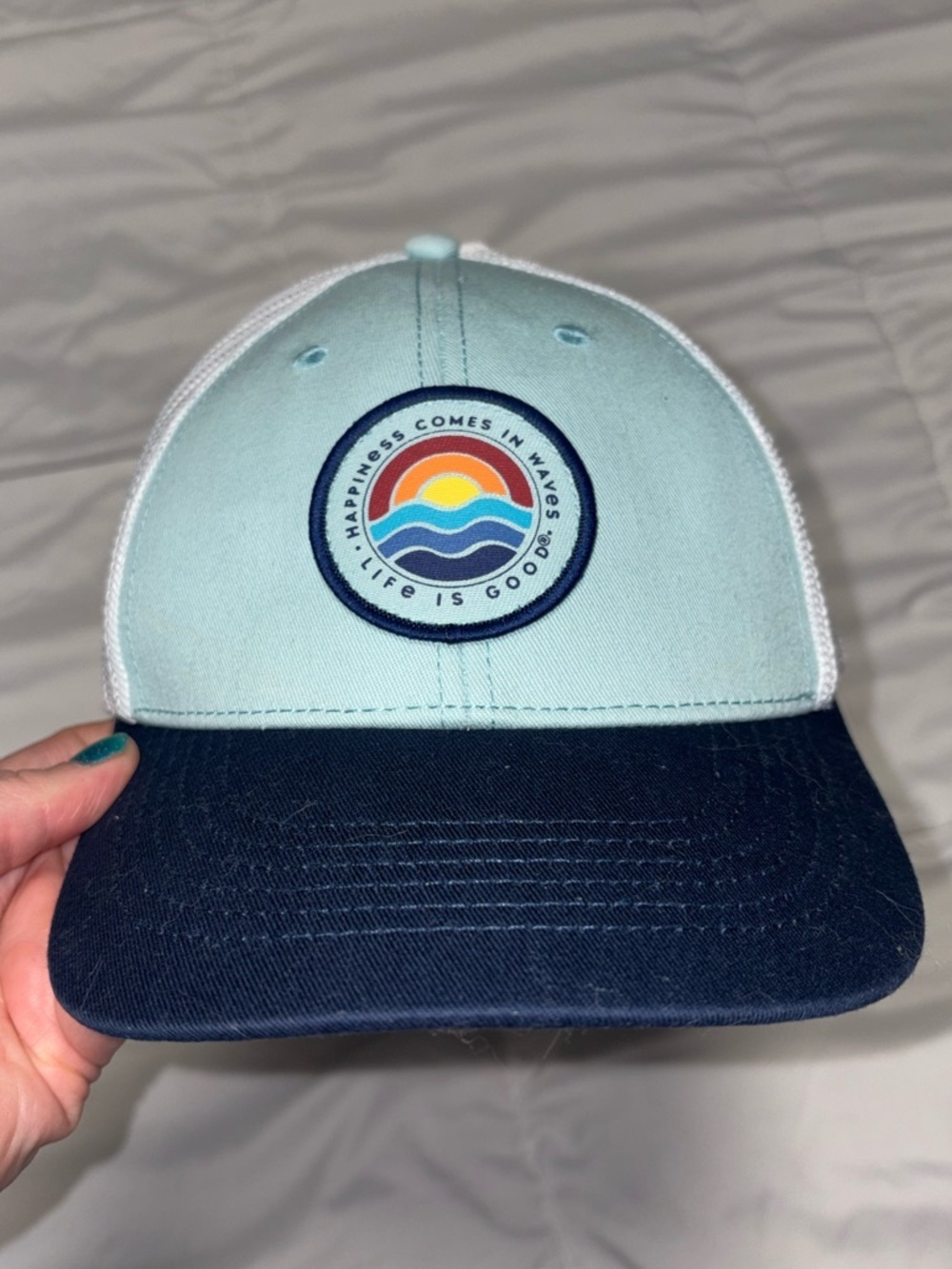 Life Is Good Hat Cap Snap Back Womens Blue Happiness Comes In Waves Ocean